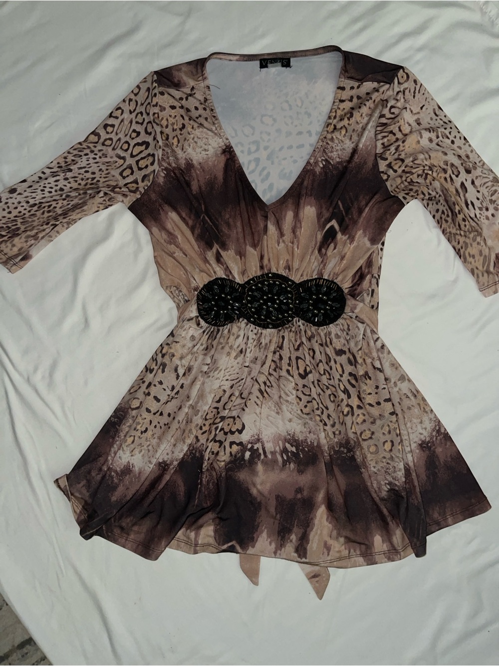 VENUS Brown Leopard Print V-Neck Tunic w/ Beaded Accents SKU: 0914-21